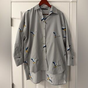 Zara Black and White Striped Shirt with Bird Design